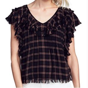 FAHERTY Top Medium NEW Yosepha Harper Plaid fringe v-neckline top preppy luxury